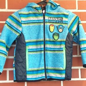 Size 4: Marvel Blue/Green Striped Superhero Faces Zip-Up Hoodie Hulk Ironman